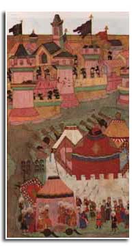 The siege of the fortress by the Turkish Army (miniature of the Middle Ages)